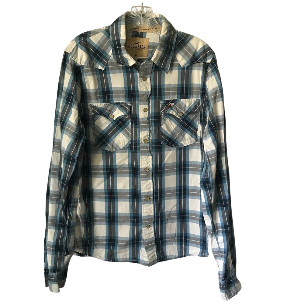 Hollister Shirt XL Extra Large Mens Western Plaid Pearl Snap Buttons Blue White